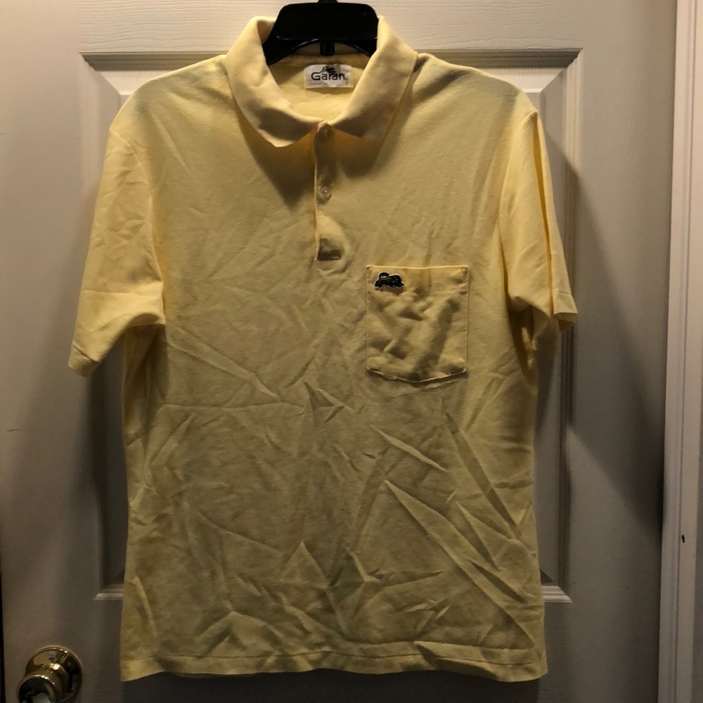 Vintage 1970s Hipster Garan Pale Yellow Single Stitch Button Polo Shirt Large